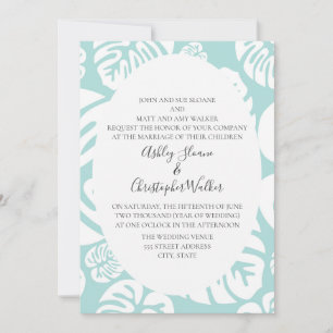 Invitación Boda de Hojas Tropicales Azules y Blancas Suaves