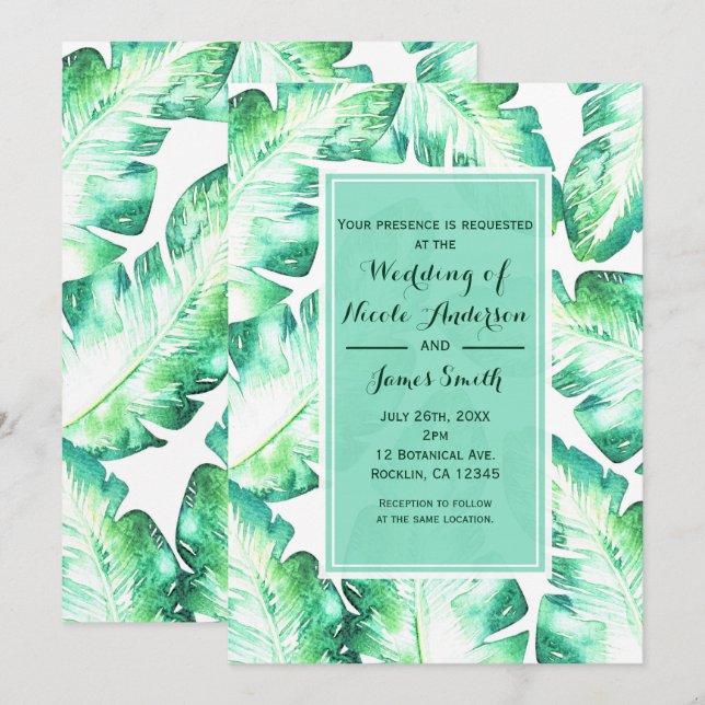 Invitación Boda de hojas tropicales blancas y verdes de playa (Anverso / Reverso)
