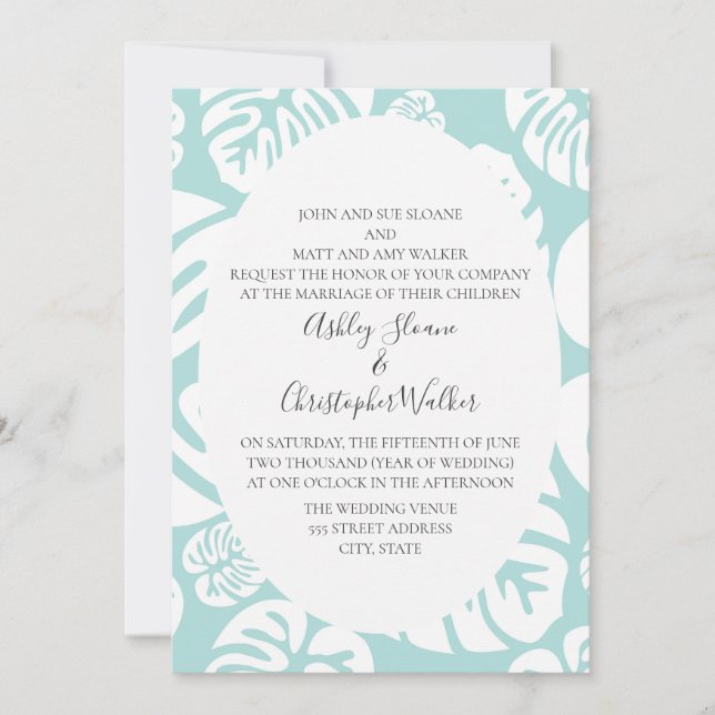 Invitación Boda de hojas tropicales blandas azules y blancas (Anverso)
