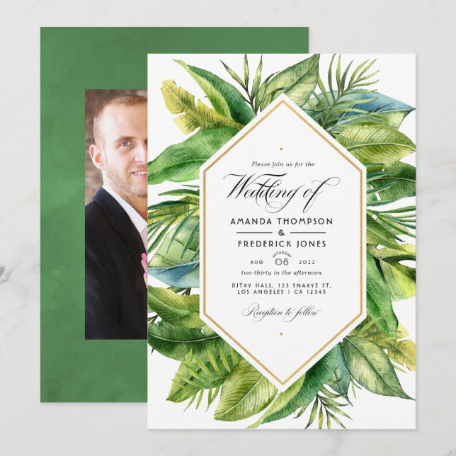 Invitación Boda de hojas tropicales con acuarela (Anverso / Reverso)