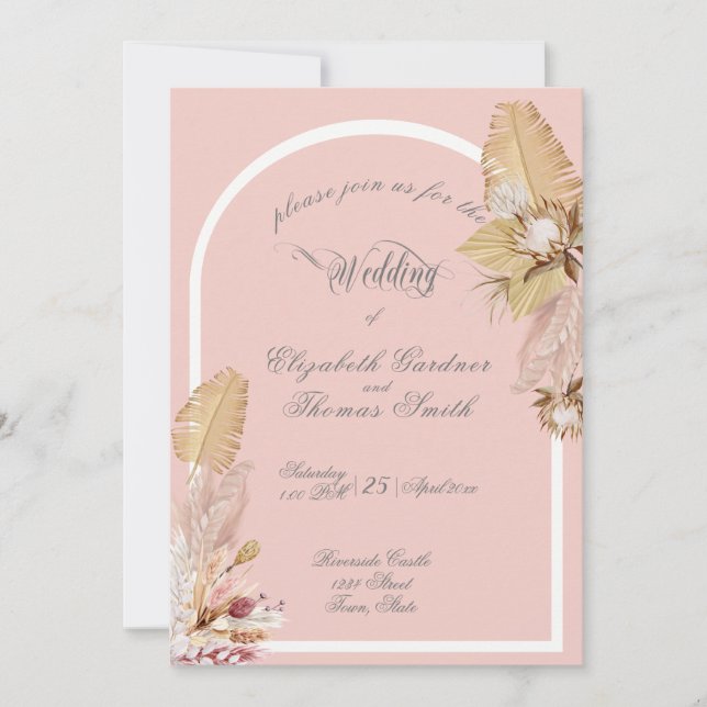 Invitación Boda de hojas tropicales de gramíneas bohemias pom (Anverso)