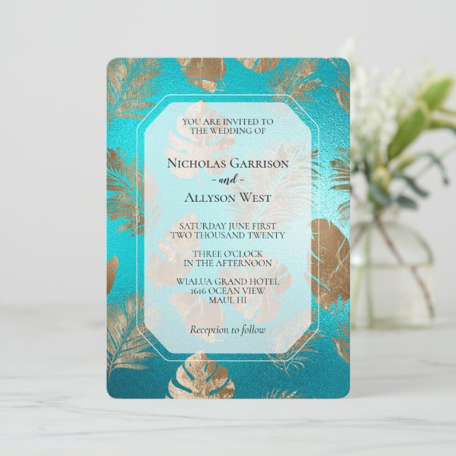 Invitación Boda de hojas tropicales de oro turquesa (Anverso de pie)