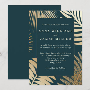 Invitación Boda de hojas tropicales de oro verde índigo