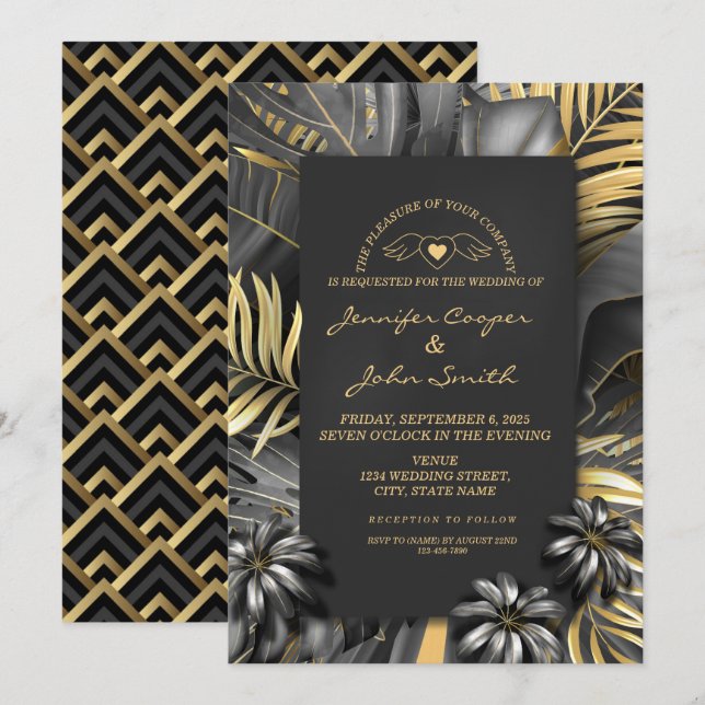 Invitación Boda de hojas tropicales de plata negra y oro de c (Anverso / Reverso)