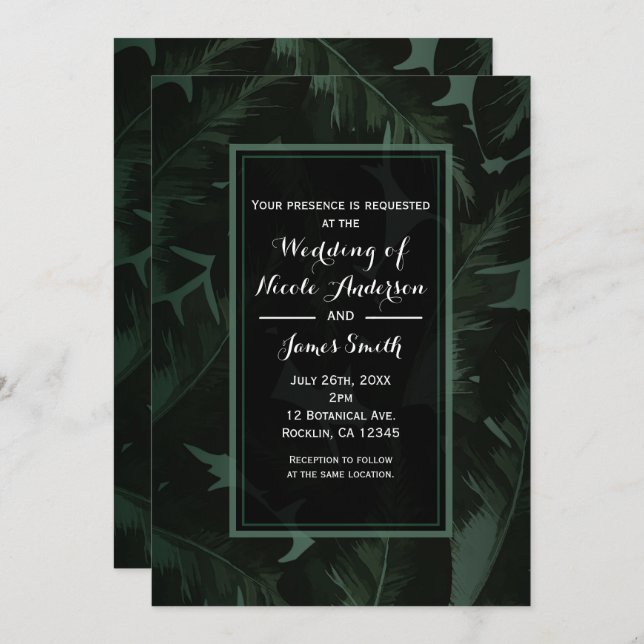 Invitación Boda de hojas tropicales Green & Black Chic (Anverso / Reverso)