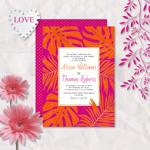 Invitación Boda de hojas tropicales magenta y naranja