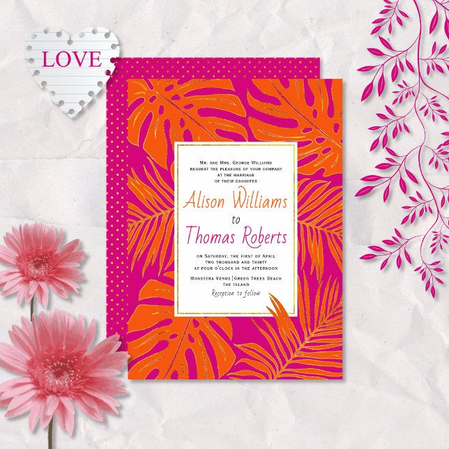 Invitación Boda de hojas tropicales magenta y naranja (Subido por el creador)