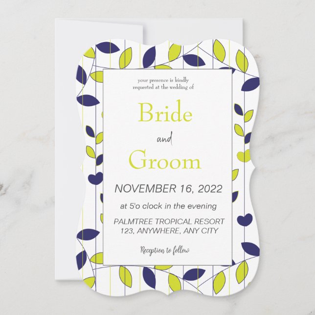 Invitación Boda de Hojas Tropicales Verde Azul (Anverso)