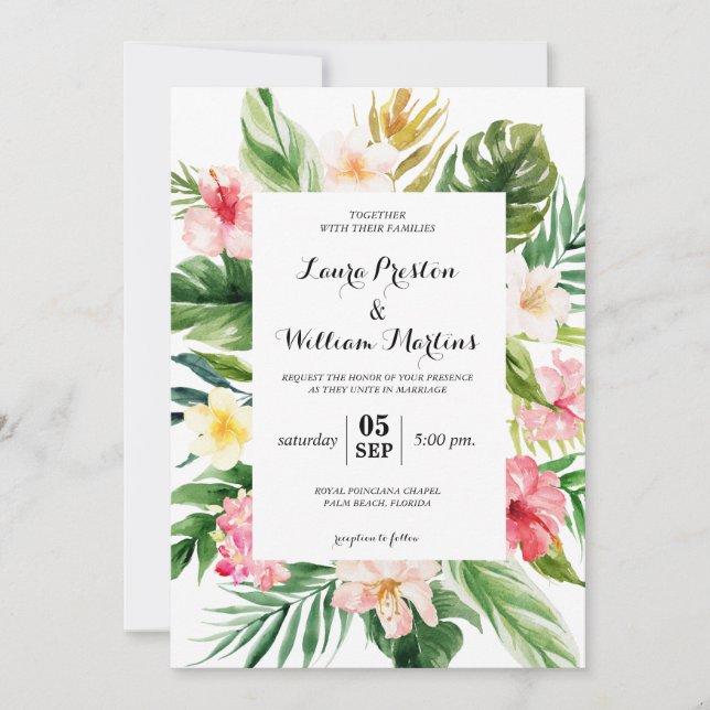 Invitación Boda de hojas tropicales y marco geométrico floral (Anverso)