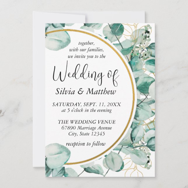 Invitación Boda de Hojas Verde Menta Acuarela (Anverso)
