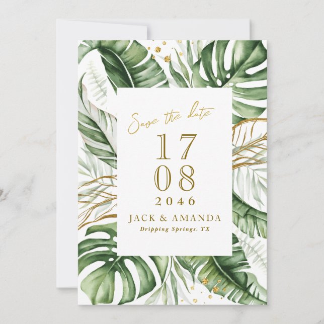 Invitación Boda de hojas verdes de presupuesto Salven fecha (Anverso)