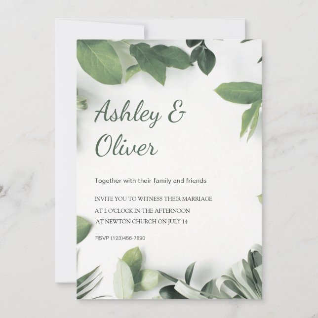 Invitación Boda de Hojas Verdes Simples y Verde Blanco (Anverso)