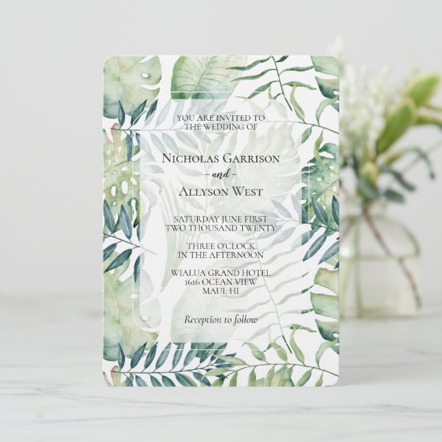 Invitación Boda de hojas verdes tropicales (Anverso de pie)