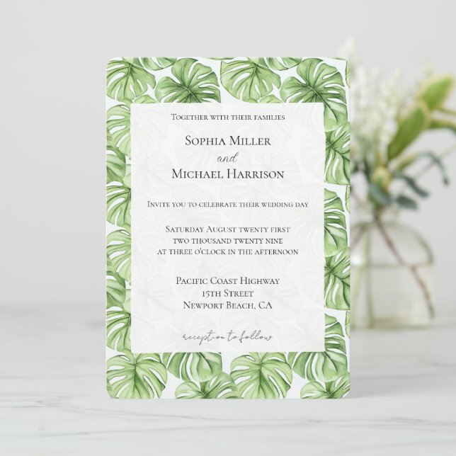 Invitación Boda de hojas verdes tropicales (Anverso de pie)