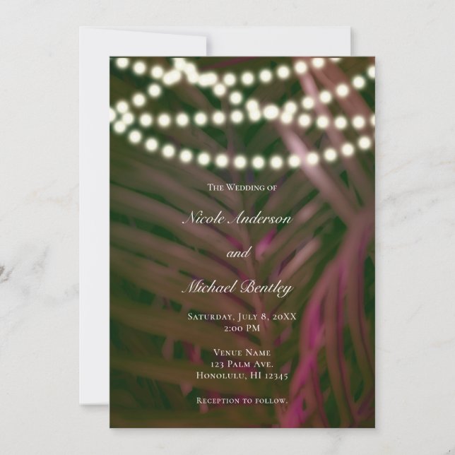 Invitación Boda de hojas y luces de palma tropicales verdes r (Anverso)