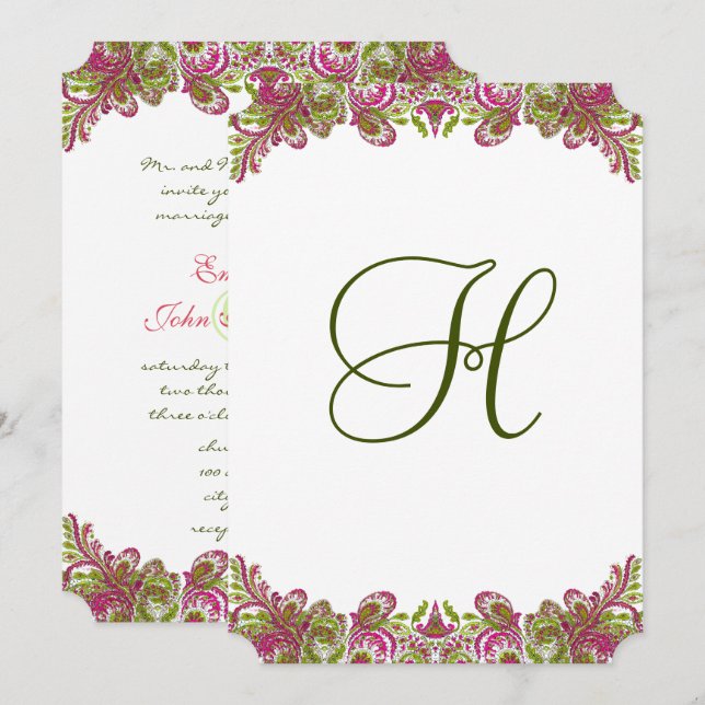 Invitación Boda de Honeysuckle Pink y Apple Green Paisley (Anverso / Reverso)