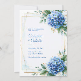Invitación Boda de Hortensia Azul con Marco Dorado