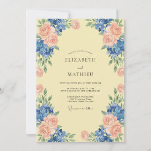 Invitación Boda de Hortensia Azul Melocotón Eucalipto