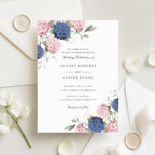 Invitación Boda de Hortensia Azul Naval y Rosa Elegante Flora