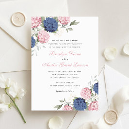 Invitación Boda de Hortensia Azul Naval y Rosa Elegante Flora