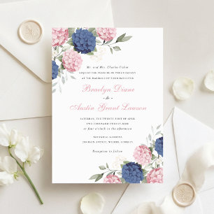 Invitación Boda de Hortensia Azul Naval y Rosa Elegante Flora