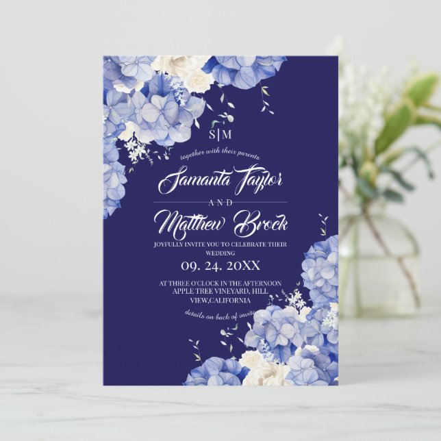 Invitación Boda de Hortensia Azul Real (Anverso de pie)