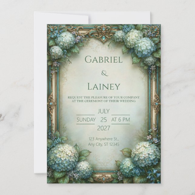 Invitación Boda de Hortensia Azul Suave (Anverso)