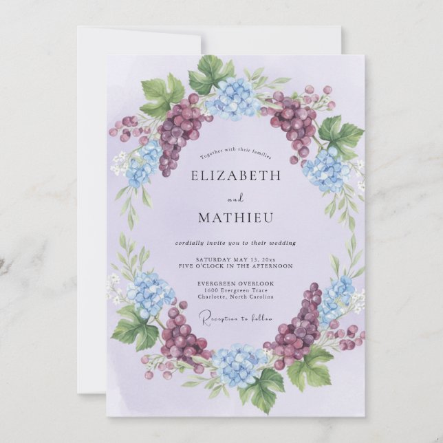 Invitación Boda de Hortensia de Eucalipto Lila (Anverso)
