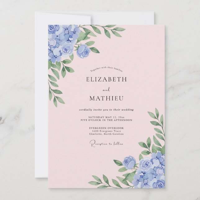 Invitación Boda de Hortensia Eucalipto Blush Periwinkle (Anverso)