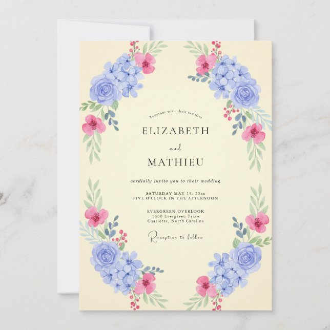 Invitación Boda de Hortensia Eucalipto Fucsia Periwinkle (Anverso)