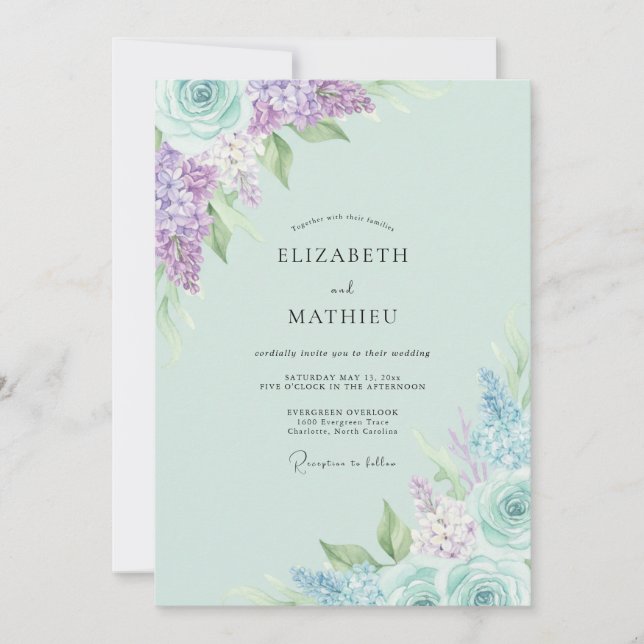 Invitación Boda de Hortensia Eucalipto Lila Menta (Anverso)