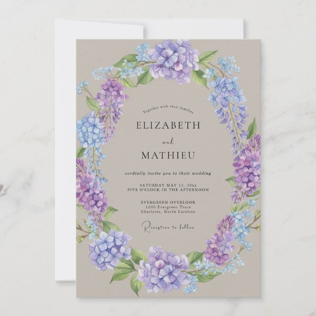 Invitación Boda de Hortensia Eucalipto Lila Periwinkle (Anverso)
