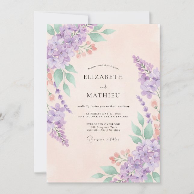 Invitación Boda de Hortensia Eucalipto Melocotón Lila (Anverso)