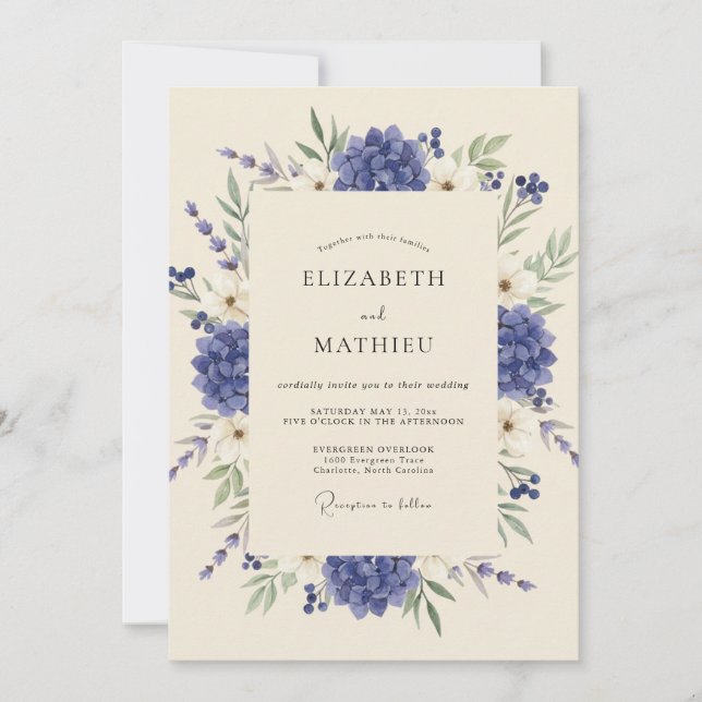 Invitación Boda de Hortensia Eucalipto y Aciano (Anverso)
