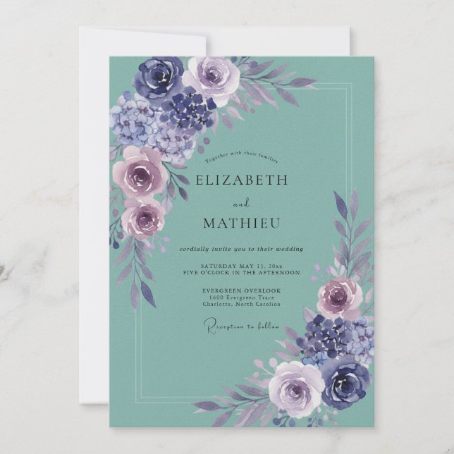 Invitación Boda de Hortensia Lila Eucalipto Espuma de Mar (Anverso)