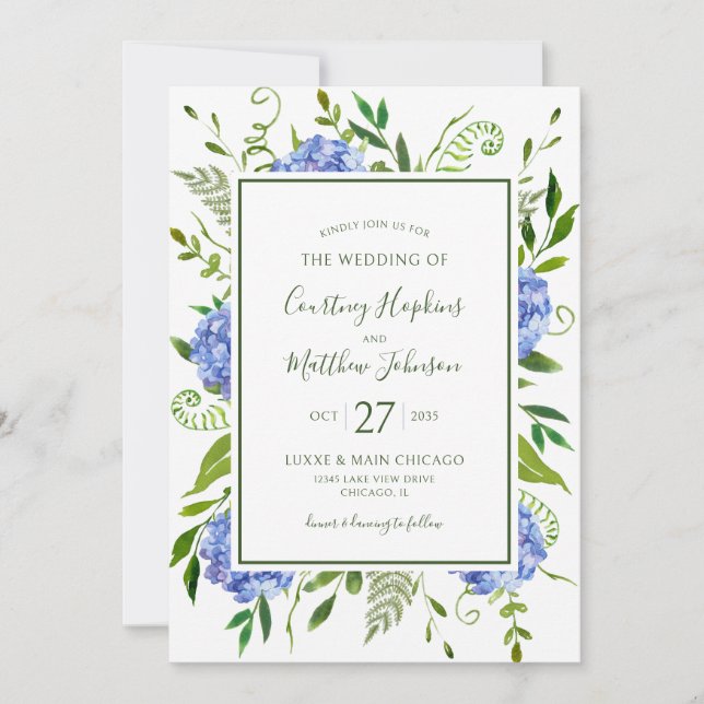 Invitación Boda de Hortensias Azules (Anverso)