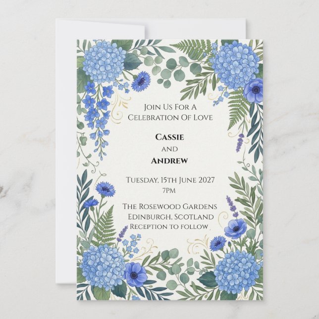 Invitación Boda de Hortensias Azules (Anverso)