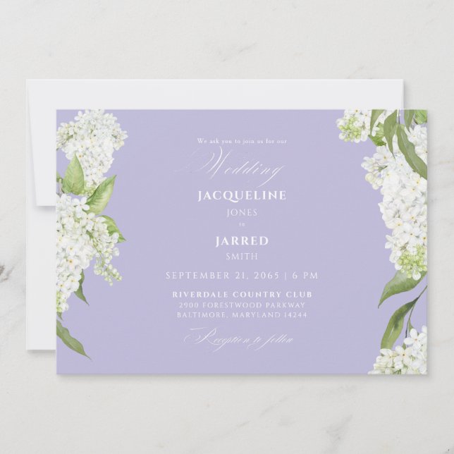 Invitación Boda de Hortensias Blancas y Lavanda (Anverso)