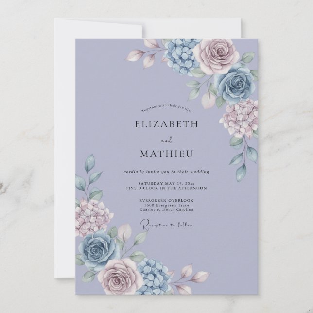Invitación Boda de Hortensias Etéreas de Lavanda (Anverso)
