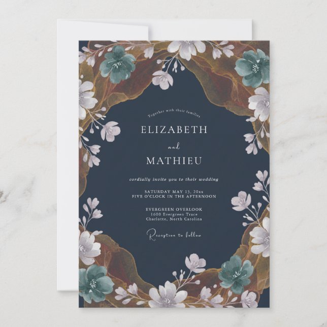 Invitación Boda de huerta pictórica azul marino (Anverso)
