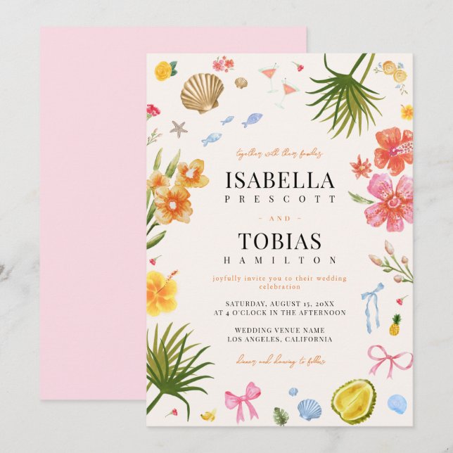 Invitación Boda de huertas de flores de la costa tropical (Anverso / Reverso)