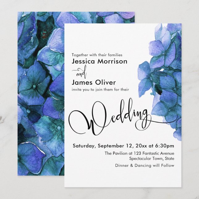 Invitación Boda de Hydrangea con Acuarela Azul de Letra Scrip (Anverso / Reverso)