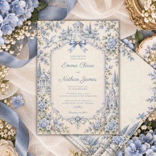 Invitación Boda de Hydrangea de jardín con Toile azul vintage