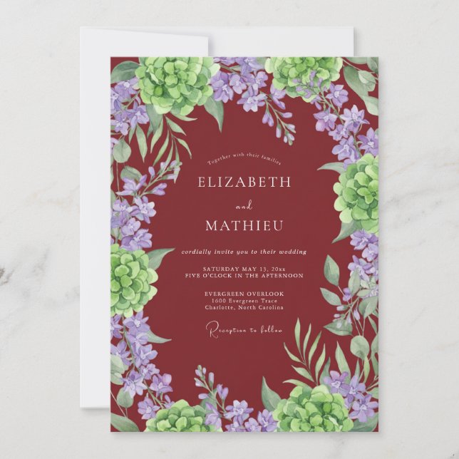 Invitación Boda de Hydrangea Lujuriosa de Borgoña (Anverso)