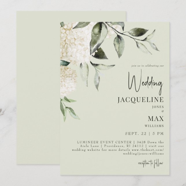 Invitación Boda de Hydrangeas Blancas Ligeras Sage (Anverso / Reverso)