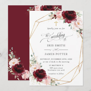 Invitación Boda de iglesia floral rosa rubor Borgoña  