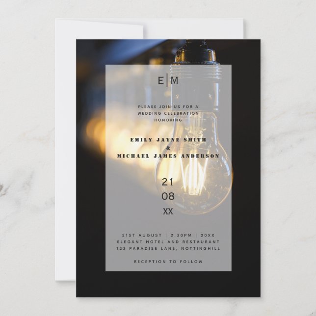 Invitación Boda de iluminación de Edison en almacén industria (Anverso)