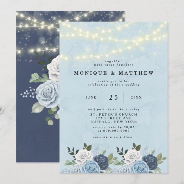 Invitación Boda de iluminación de la Marina Azul de Dusty (Anverso / Reverso)
