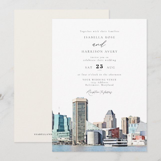 Invitación Boda de Ilustracion acuático BALTIMORE MARYLAND (Anverso / Reverso)