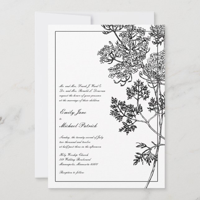 Invitación Boda de Ilustracion botánico blanco y negro (Anverso)